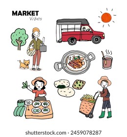 people at market, seller and buyer, worker, street food, local mini bus. Hand drawn style vector illustration.