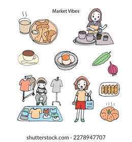 people in the market, woman shopping, man selling t-shirt, vegetables, local breakfast, hot coffee, local food, asian market, woman making hot coffee, local coffee shop, hand drawn vector illustration