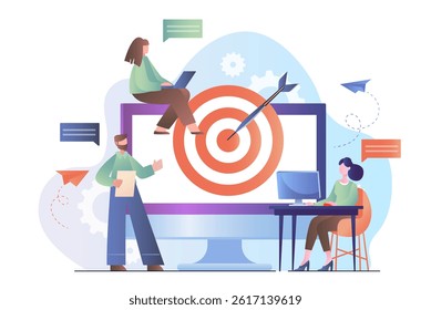 People with marketing target. Team of marketers promote content on internet. Advertising and marketing, promotion. Teamwork and partnership. Colleagues and partners. Flat vector illustration