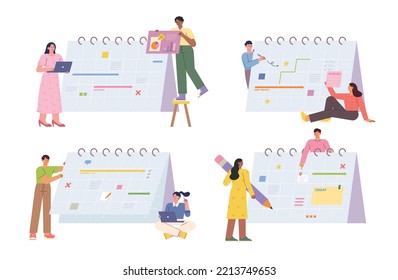 People are marking their schedules on a huge calendar. flat vector illustration.
