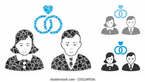 People marriage composition of tremulant pieces in various sizes and color tints, based on people marriage icon. Vector tremulant parts are combined into collage.