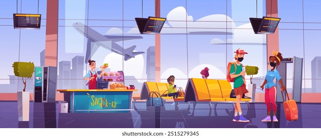 People in mask in airport waiting room with seats, monitor, food court and flying plane outside window. Cartoon vector traveling men and women with baggage in suitcases and bags wait for departure.