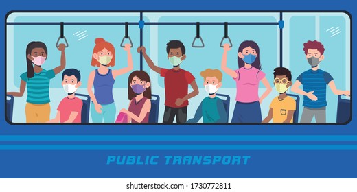 people with mask in the bus transport and contactless, vector illustration