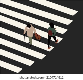 People with mask crossing avenue road. Modern lifestyle, traffic and cityscape concept. Cartoon pedestrians walking through crosswalk isolated .Vector illustration
