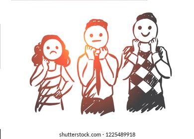 People, mask, expression, moody, face concept. Hand drawn persons wear mask with emotions concept sketch. Isolated vector illustration.