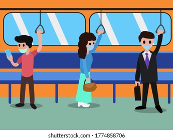 People in mask go by public transport - subway, bus, train. Social distancing in public transport after pandemic of coronavirus covid-19. Vector illustration