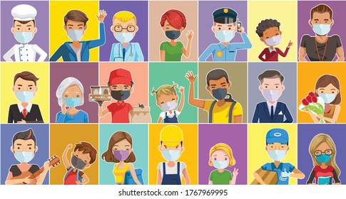 
People mask for new normal concept. Person different nationalities characters. Different various ethnicities. Children, elderly and adults. Female and male. Fashion hairstyles. poses and emotions.