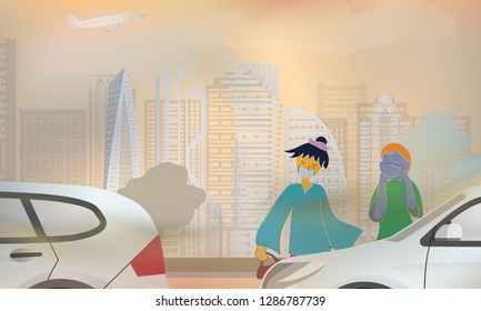 People in mask and one closing nose with hand for preventing dust pollution in city with car on road and high building in background. vector illustration