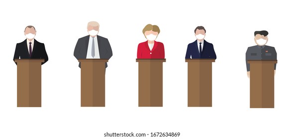 People in mask. Presidential candidate speaks to people from tribune. Flat tribune Icon web. President debates. Vector illustration svg