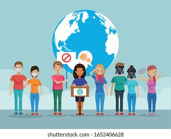 people with mask protection pollution and world planet vector illustration design