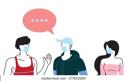 Menschen mit Maske, die mit Blasenvektorgrafik sprechen