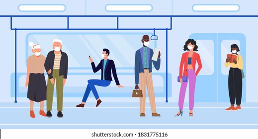 People in mask travel subway vector illustration. Cartoon man woman characters protect face with mask, standing, sitting on seats in subway metro train, mask protection in public transport background