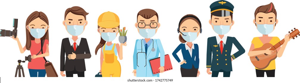 People mask vocation of different professions. Photographer, businessman, gardener, operator, police. Character set team work . New Normal concept. Vector isolated on white background.