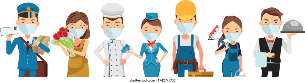 People mask vocation of different professions. Postman, Delivery, Air Hostess, Artisan, Chef, Selling flowers, Painter and Waitress. Character set team work . New Normal concept. Vector isolated