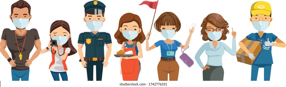 People mask vocation of different professions. Trainer, teacher, housewife, guide, police, businessman and gardener. Character set team work . New Normal concept. Vector isolated on white background.
