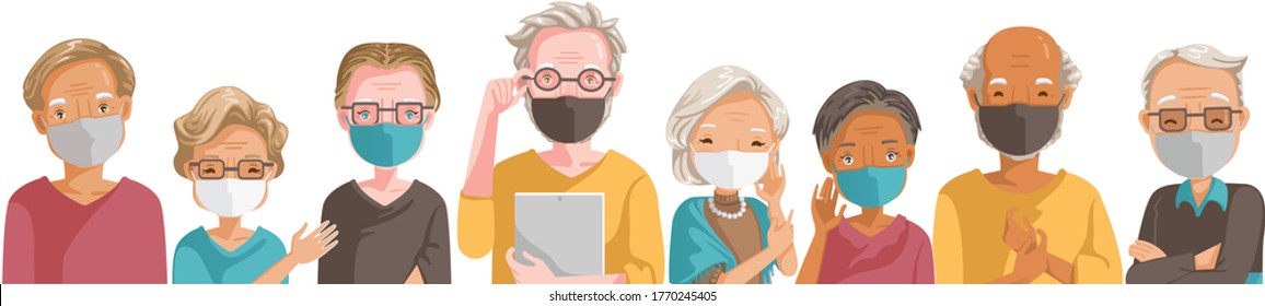 People Mask Vocation Of Different Professions. Elderly Mask Group. New Normal Concept. Emotions, Feelings Be Smile, Laugh Face Of The Elderly. Different Nationalities Are Different. Vector