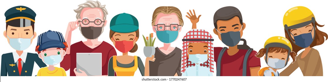 People mask vocation of different professions. Elderly mask group. Children mask. New Normal concept. Emotions, feelings be smile, Laugh face of the elderly. Different nationalities are different.