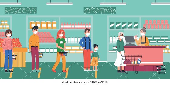 Menschen in Maske warten in langen Schlangen auf dem Markt. Einkaufen in Lebensmitteln Markt und Quarantäne Konzept. Vektorgrafik-Design
