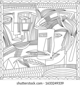 People and masks. Abstract composition. Coloring. Vector graphics.