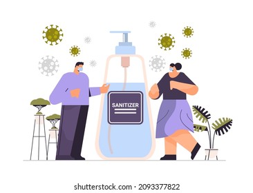 people in masks applying antibacterial spray disinfection against virus bacteria stop coronavirus use hand sanitizer