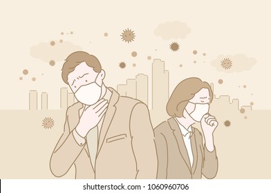 People In Masks Because Of Fine Dust. Hand Drawn Style Vector Doodle Design Illustrations.