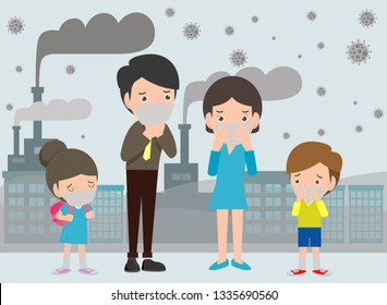 People in masks because of fine dust PM 2.5, man and woman and child,wearing mask against smog. Fine dust, air pollution, industrial smog protection concept flat style design vector illustration.