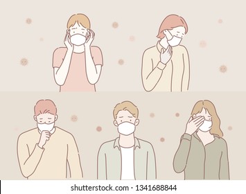 People in masks because of fine dust. hand drawn style vector doodle design illustrations. 