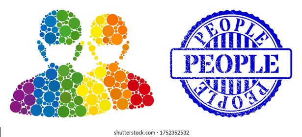 People with masks collage icon of circle elements in different sizes and spectrum colored shades. Blue round textured seal with People title. A dotted LGBT- colored people with masks for lesbians,