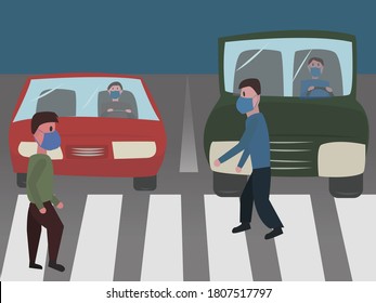 people with masks cross the street next to cars with passengers covered their faces