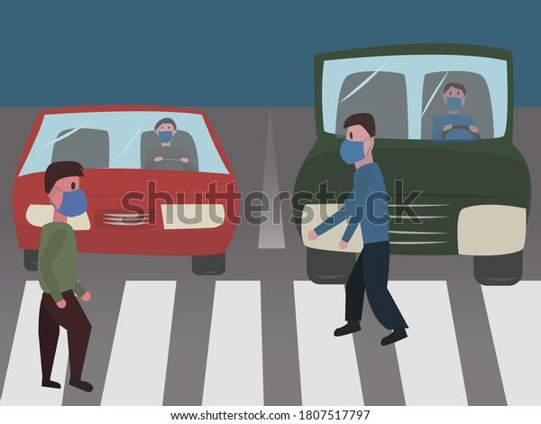 people with masks cross the street next to\
cars with passengers covered their\
faces