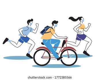 people with masks doing sports vector illustration desing