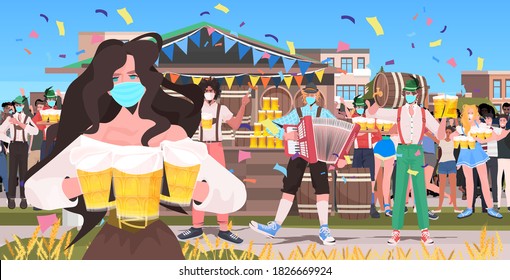 people in masks drinking beer octoberfest party celebration open air outdoor festival cityscape background full length horizontal vector illustration