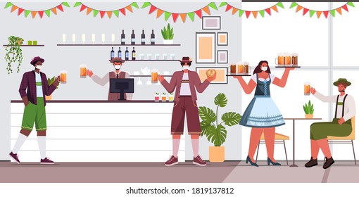 people in masks drinking beer in pub Oktoberfest party celebration coronavirus quarantine concept modern bar interior horizontal full length vector illustration