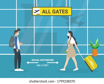 People in masks keeping their distance in public transport. Travel safely concept. Vector illustration in flat style. safe travels vector. man and woman travelers on airport