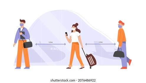 Las personas enmascaradas mantienen el distanciamiento social. Los pasajeros mantienen su distancia mientras hacen cola en el aeropuerto. Ilustración vectorial en estilo plano.