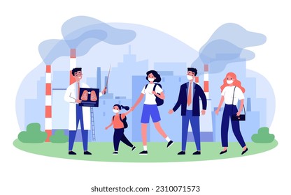 People in masks next to factory vector illustration. Doctor or scientist explaining how emissions harm lungs health to children and young people. Air pollution, health, poor ecology concept