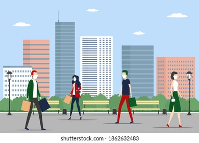 People in masks on street. Cartoon. Vector illustration.