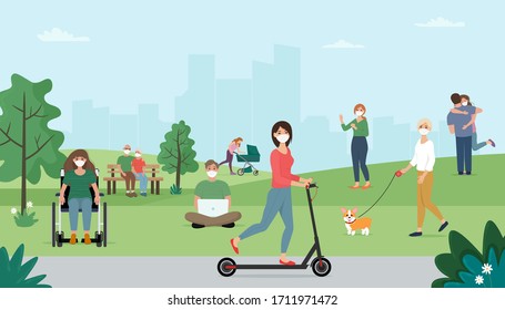 People in masks in the park during or after quarantine. Coronavirus covid-19, social distansing concept. Vector illustration in flat style