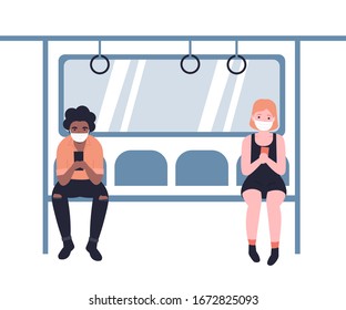 People In Masks Ride The Subway, Metro, Bus, Train. Male And Female Characters In Public Transport. Flat Vector Cartoon Design Illustration. Ncov, Covid 2019, Coronovirus Concept.