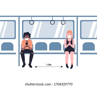 People in masks ride the subway, metro, bus, train. Social distance 2m. Male and female characters in public transport. Flat vector cartoon design illustration. Ncov, covid 2019, Coronovirus concept.