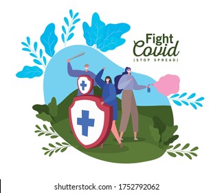 People with masks shield sword and spray design of Fight covid 19 virus and stop spread theme Vector illustration