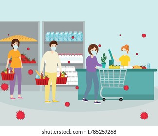 People in masks in the shop flat vector illustration. People keeping social distance in queue. Keep safe distance.  Buyers in medical face masks with food baskets in supermarket .