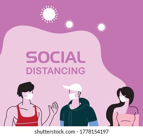 people with masks in social distancing vector illustration desing