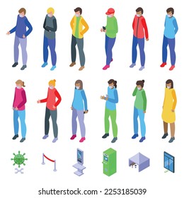 People in masks stand in line icons set isometric vector. Woman face. Social person