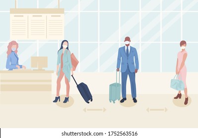 People in masks standing in the line at the airport and keeping safe social distance during coronavirus pandemic. social distancing, people queue, covid-19 prevention concept. Flat vector illustration