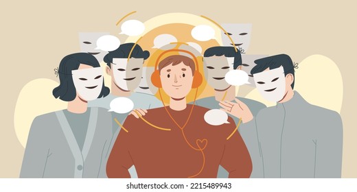 People in masks telling a gossip or lie to a happy young man in headphones who ignoring all surrounding noise. Concept of hypocrisy, dishonesty. Vector cartoon style illustration 
