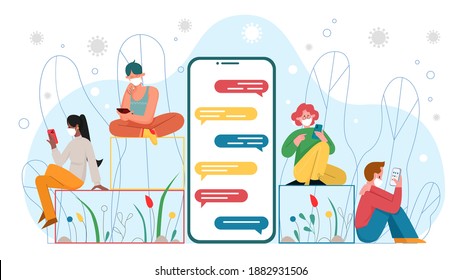 People with masks using smartphones vector illustration. Cartoon big phone with dialogue chat messages on screen and tiny user characters chatting, wearing face medical masks isolated on white