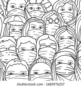 People In Masks From The Virus. A Lot Of People Standing Around. White Background. Vector Illustration.