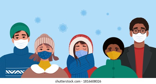 People in masks and warm clothes. Coronavirus Covid-19 pandemic concept, 
second wave. Vector illustration in cartoon flat style