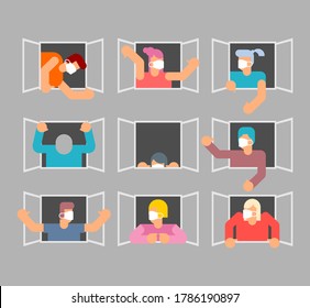 People in masks in window. Quarantine covid 19. Coronavirus epidemic.  Man casement waving his arms. vector illustration